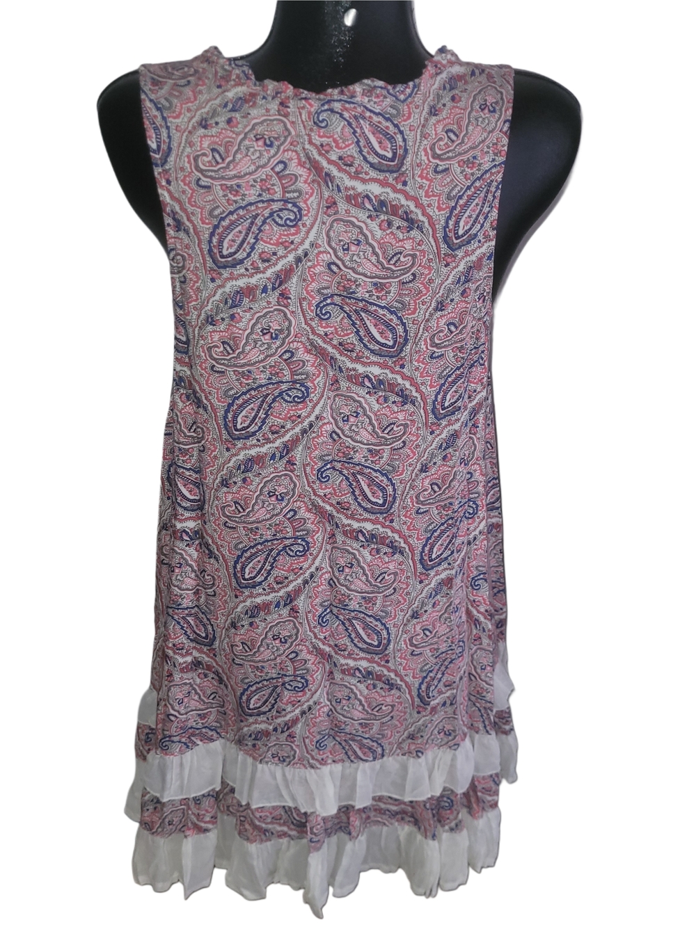 Papillon Pink and Blue Paisley Print Sleeveless Ruffle Shift Summer Dress L - Picture 6 of 7